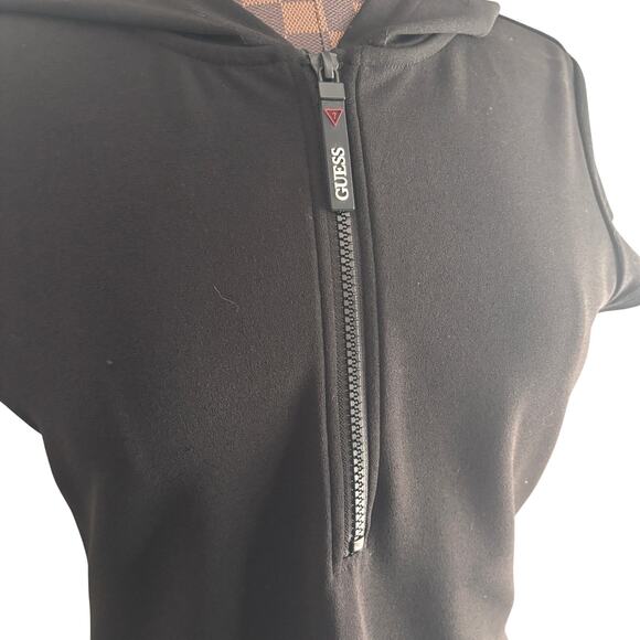 GUESS Black Hoodie Dress Sz Large Half Zip Short Sleeve Crepe Shift Knee Length - Picture 5 of 7